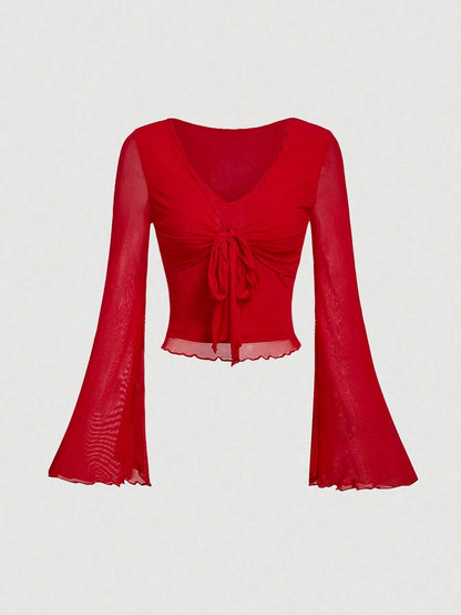 Fashzeo women's rose pink tie-front top with ruffled V-neck and dramatic sheer bell sleeves.