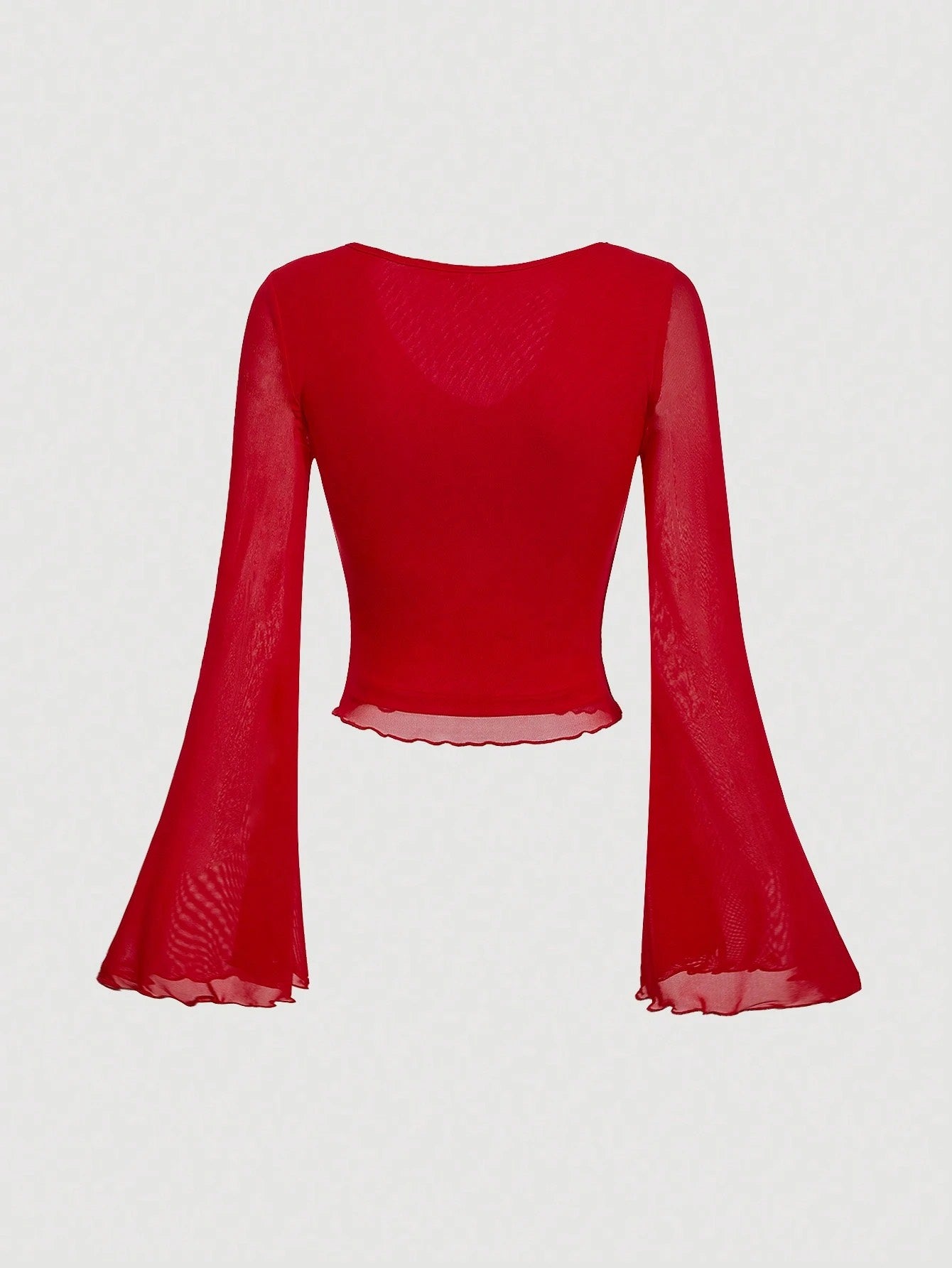 Fashzeo women's rose pink tie-front top with ruffled V-neck and dramatic sheer bell sleeves.