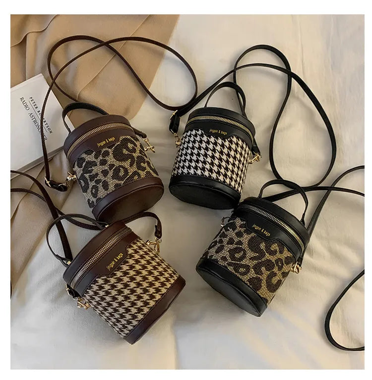 Women’s Small Bucket Crossbody Bag – PU Leather Houndstooth & Leopard Print Handbag, Trendy & Stylish