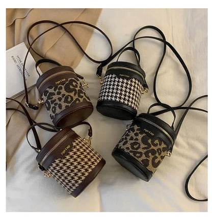 Women’s Small Bucket Crossbody Bag – PU Leather Houndstooth & Leopard Print Handbag, Trendy & Stylish