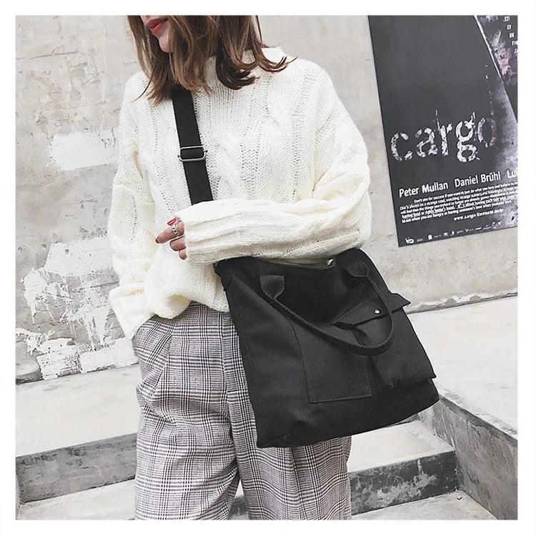 Canvas Shoulder Tote Bag – Solid Color Casual Satchel in Crossbody style