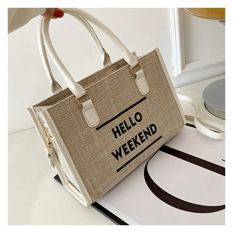 Women’s Canvas Shoulder Tote Bag – Stylish Letter Print, Large Capacity Travel & Student Bookbag
