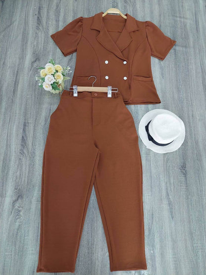 Plus Size Co-ord Set | 4-Button Blazer Top & Wool Pants | Elegant Two-Piece