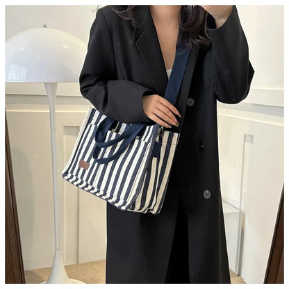 Women’s Striped Canvas Tote Bag – Large Capacity Shoulder & Crossbody Travel Handbag with Magnetic Closure