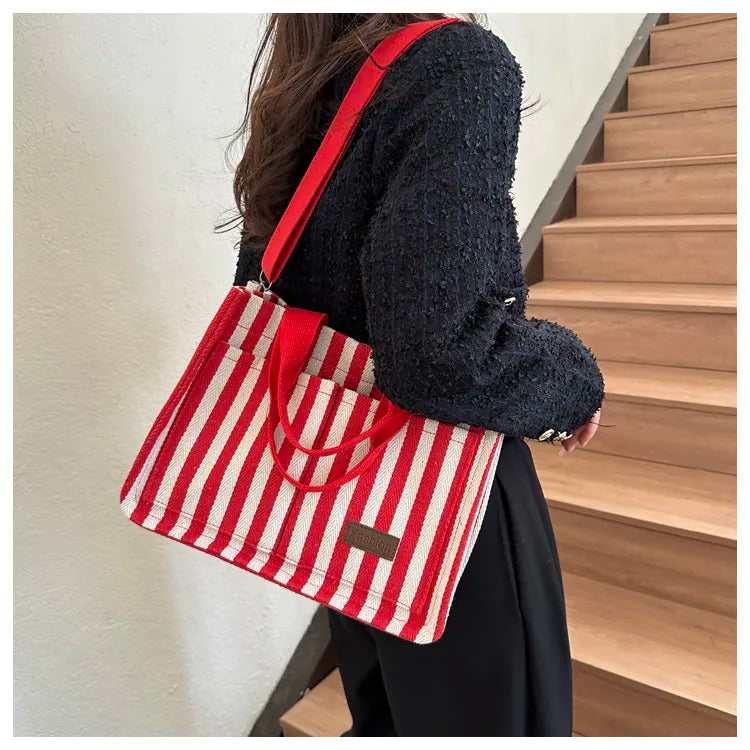 Women’s Striped Canvas Tote Bag – Large Capacity Shoulder & Crossbody Travel Handbag with Magnetic Closure