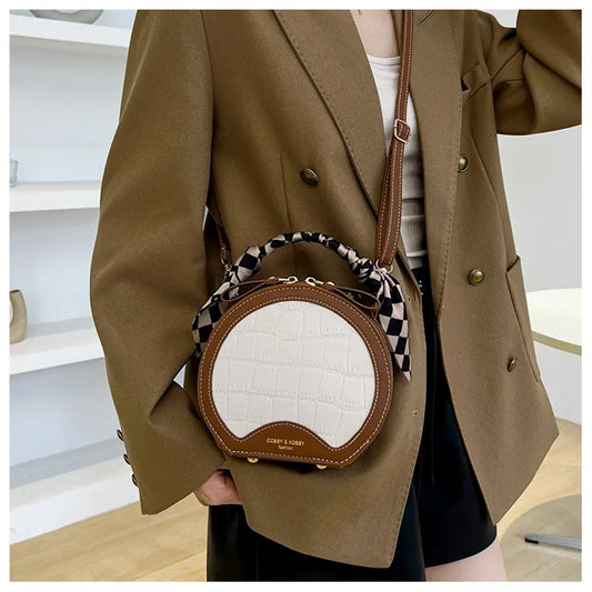 Small Round Crossbody Handbag – Check Pattern PU Leather, Zipper Closure