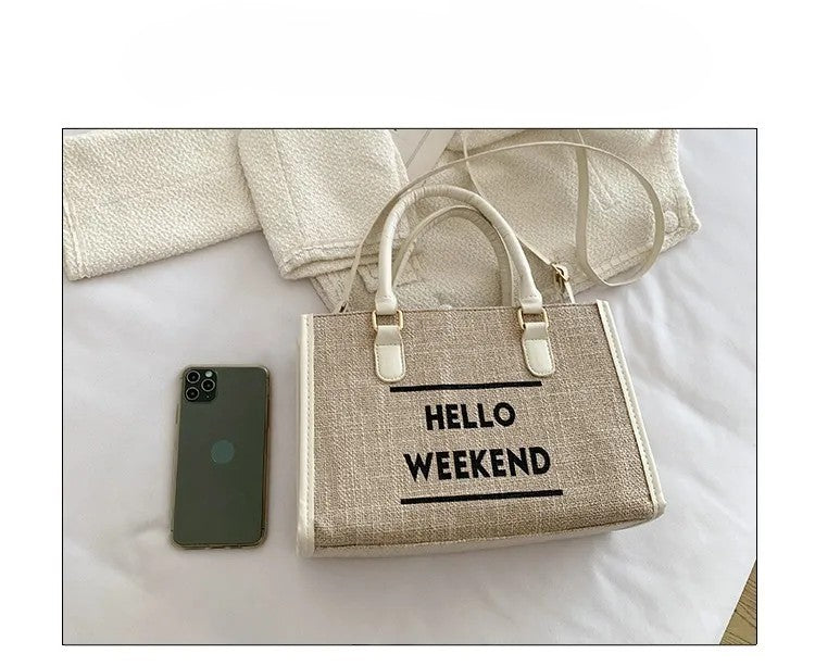 Women’s Canvas Shoulder Tote Bag – Stylish Letter Print, Large Capacity Travel & Student Bookbag