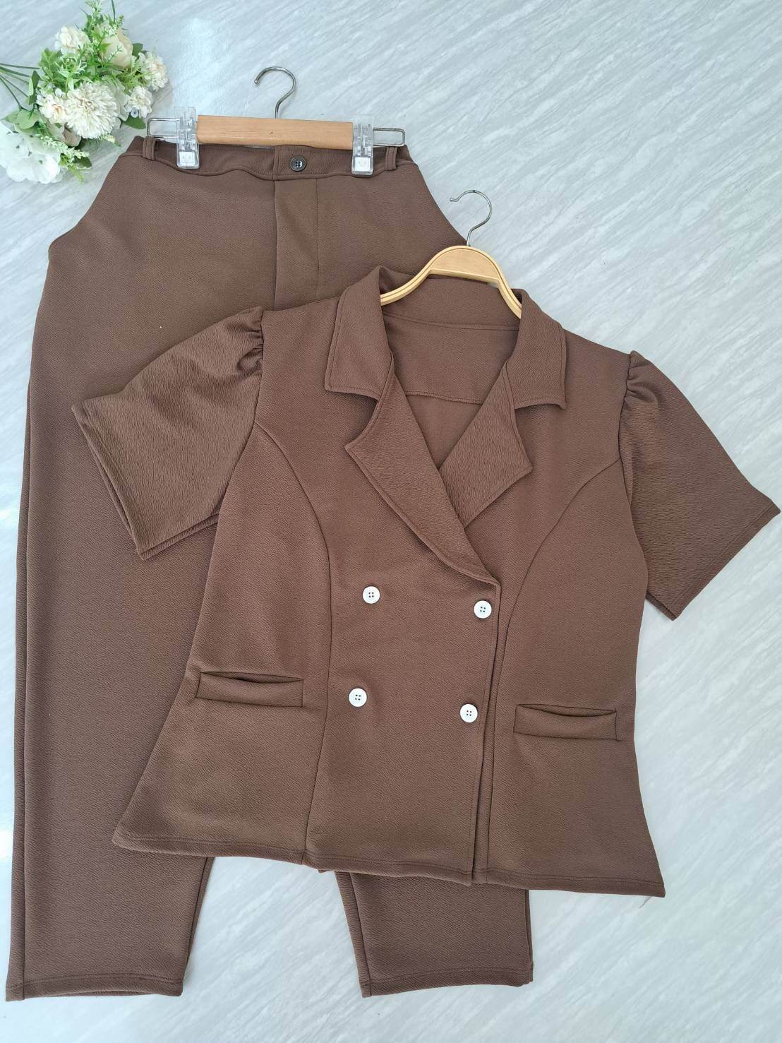 Plus Size Co-ord Set | 4-Button Blazer Top & Wool Pants | Elegant Two-Piece