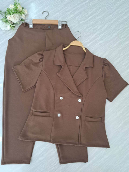 Plus Size Co-ord Set | 4-Button Blazer Top & Wool Pants | Elegant Two-Piece