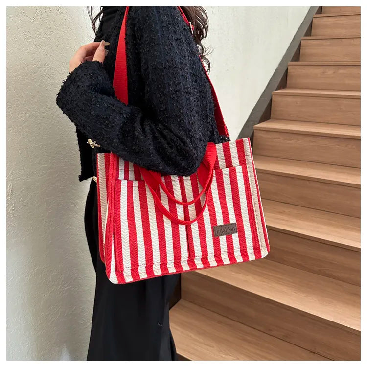 Women’s Striped Canvas Tote Bag – Large Capacity Shoulder & Crossbody Travel Handbag with Magnetic Closure