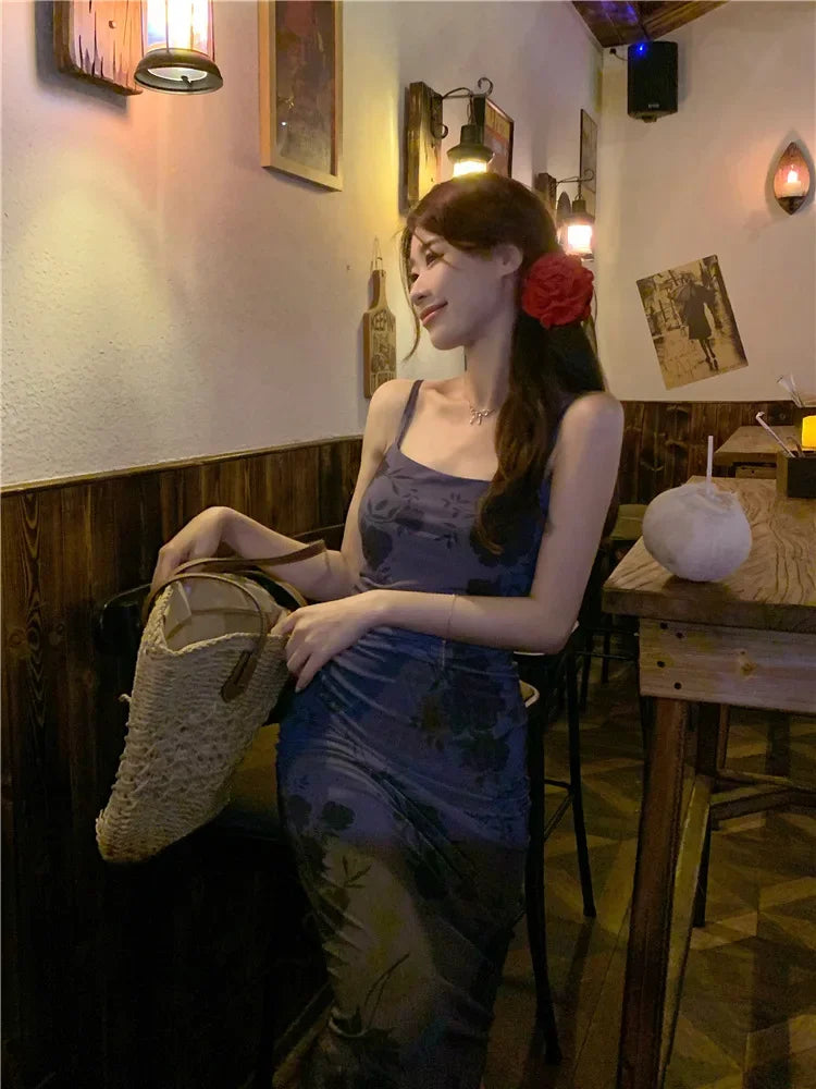 Elegant Purple Floral Maxi Dress for Vacation – Slim Fit Mesh Long Dress