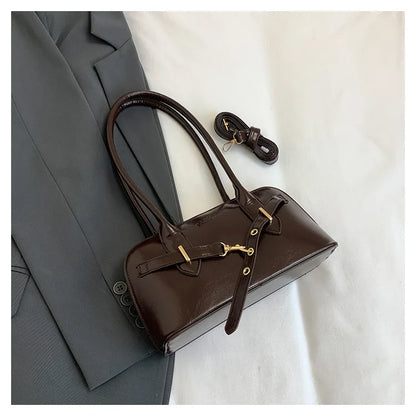 Retro PU Leather Shoulder Bag – Large Capacity Underarm Bowling Style Handbag