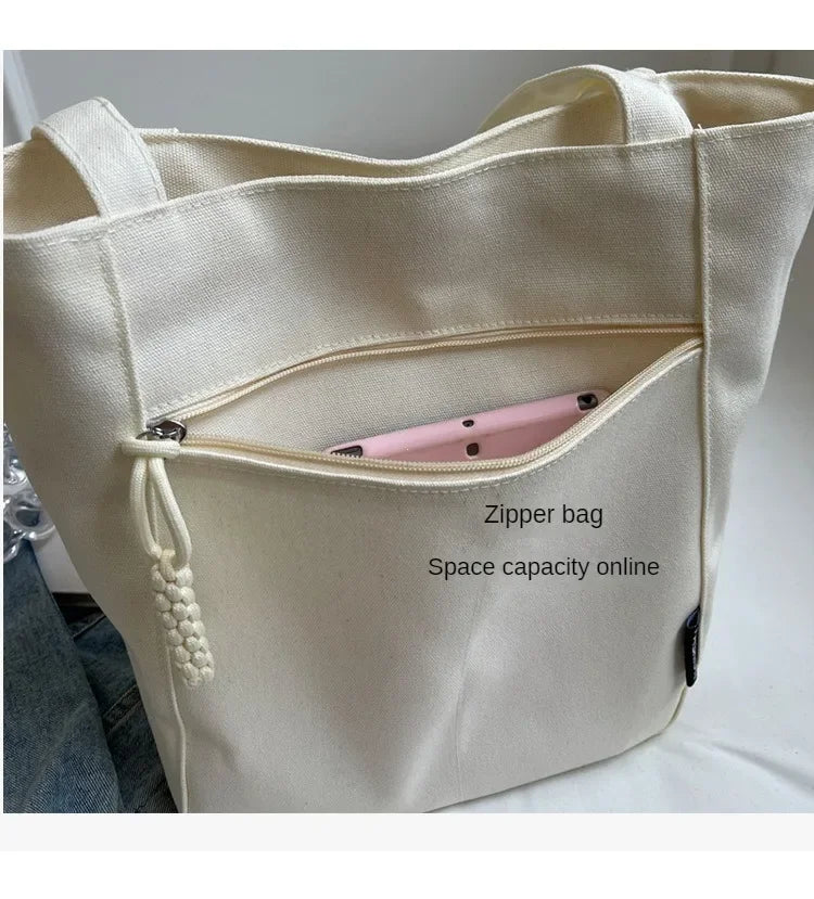 Large Capacity Canvas Tote Bag – Zipper Closure Shoulder Handbag, Soft Unisex Travel & Daily Carry Bag