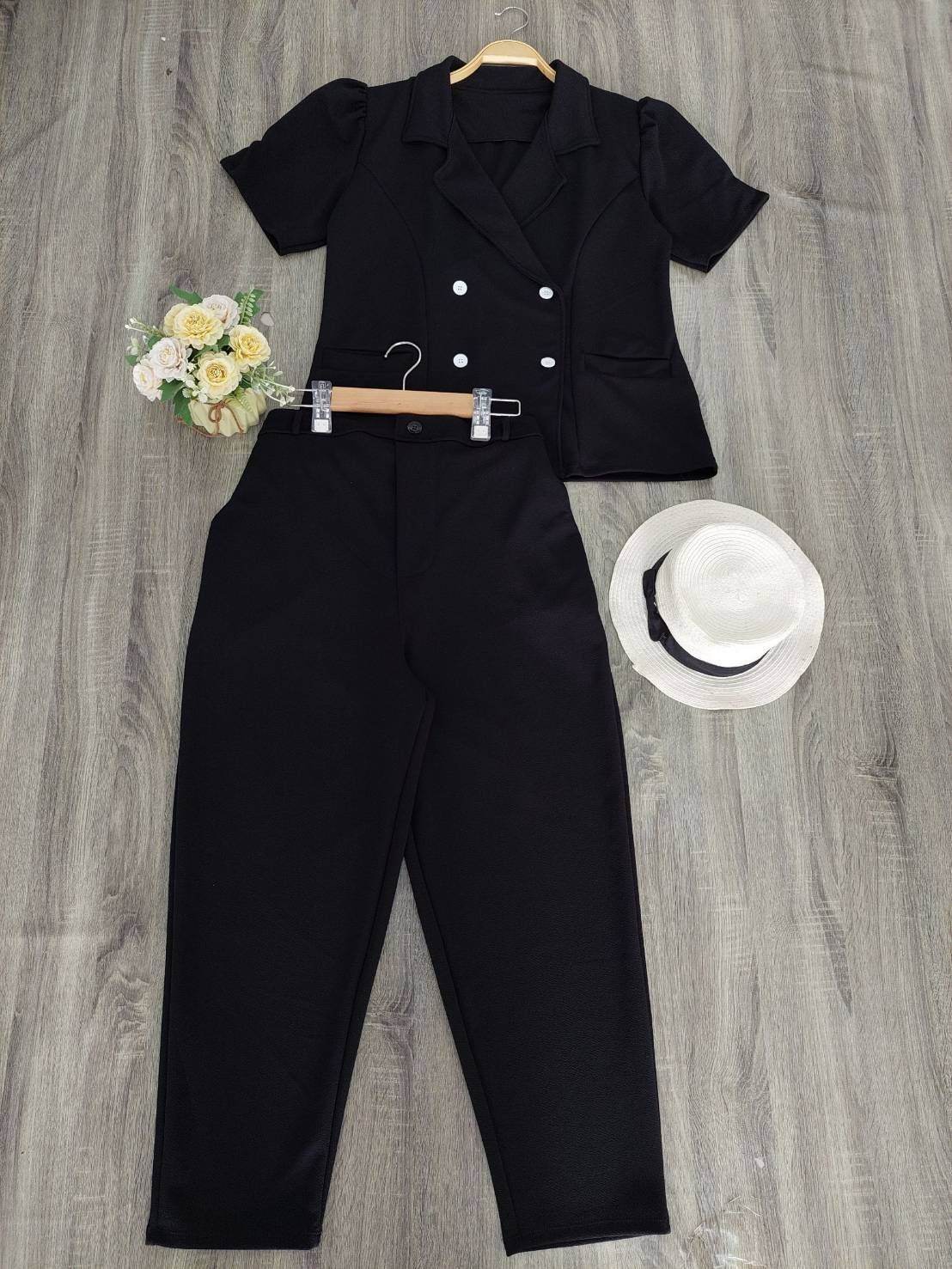 Plus Size Co-ord Set | 4-Button Blazer Top & Wool Pants | Elegant Two-Piece