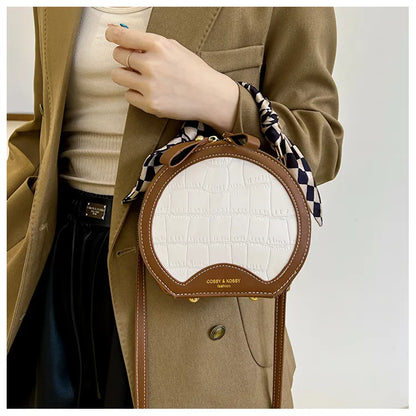 Small Round Crossbody Handbag – Check Pattern PU Leather, Zipper Closure