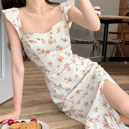 Cream Floral Ruffle Strap Maxi Dress with Side Slit