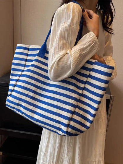 Striped Canvas Large Capacity Tote Bag – Elegant Casual Shoulder Handbag for Work, Travel & Daily Use