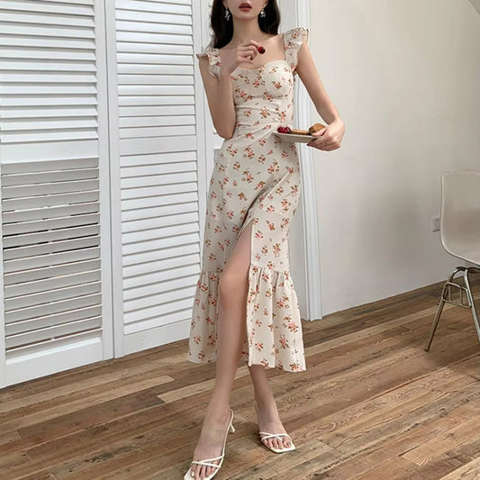Cream Floral Ruffle Strap Maxi Dress with Side Slit