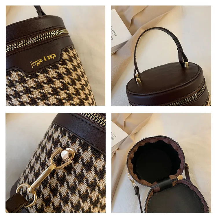 Women’s Small Bucket Crossbody Bag – PU Leather Houndstooth & Leopard Print Handbag, Trendy & Stylish