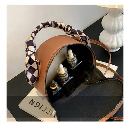Small Round Crossbody Handbag – Check Pattern PU Leather, Zipper Closure