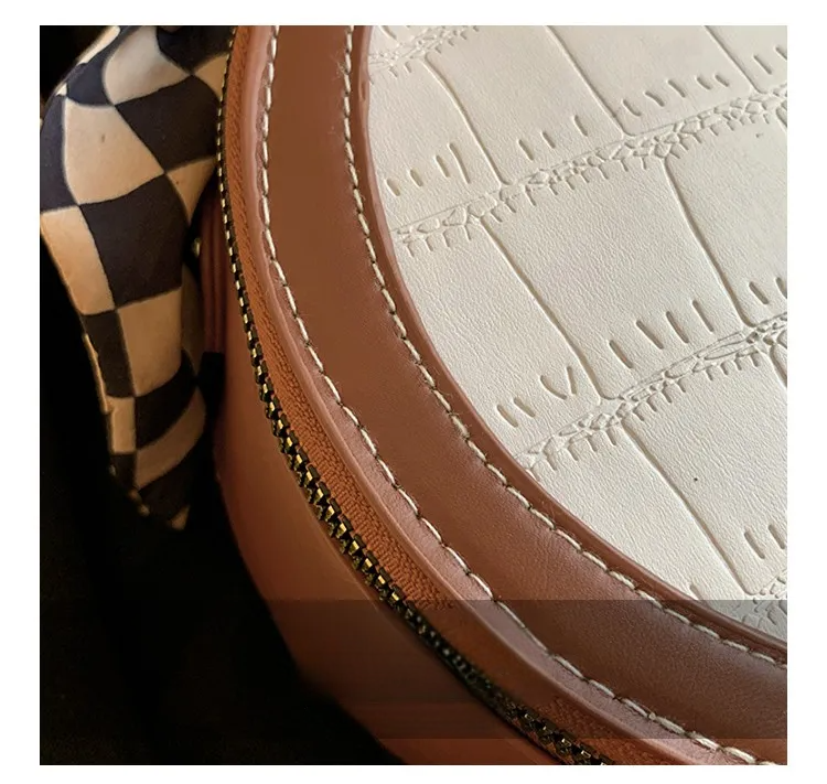 Small Round Crossbody Handbag – Check Pattern PU Leather, Zipper Closure
