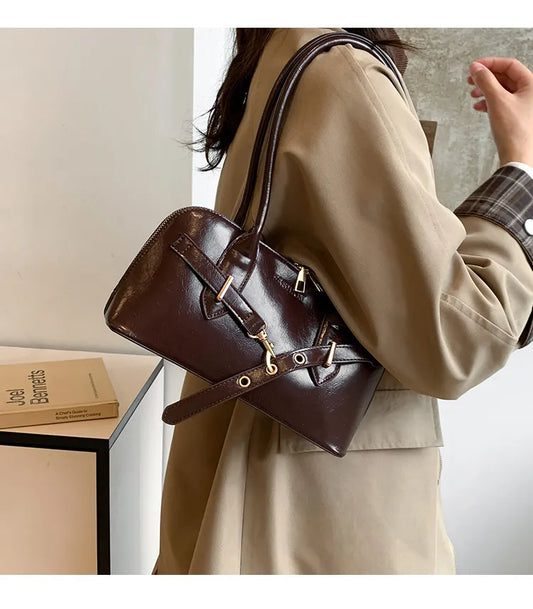 Retro PU Leather Shoulder Bag – Large Capacity Underarm Bowling Style Handbag