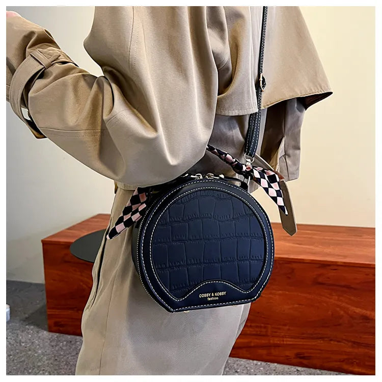 Small Round Crossbody Handbag – Check Pattern PU Leather, Zipper Closure