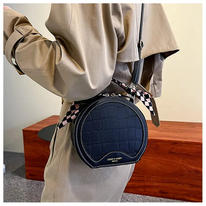 Small Round Crossbody Handbag – Check Pattern PU Leather, Zipper Closure