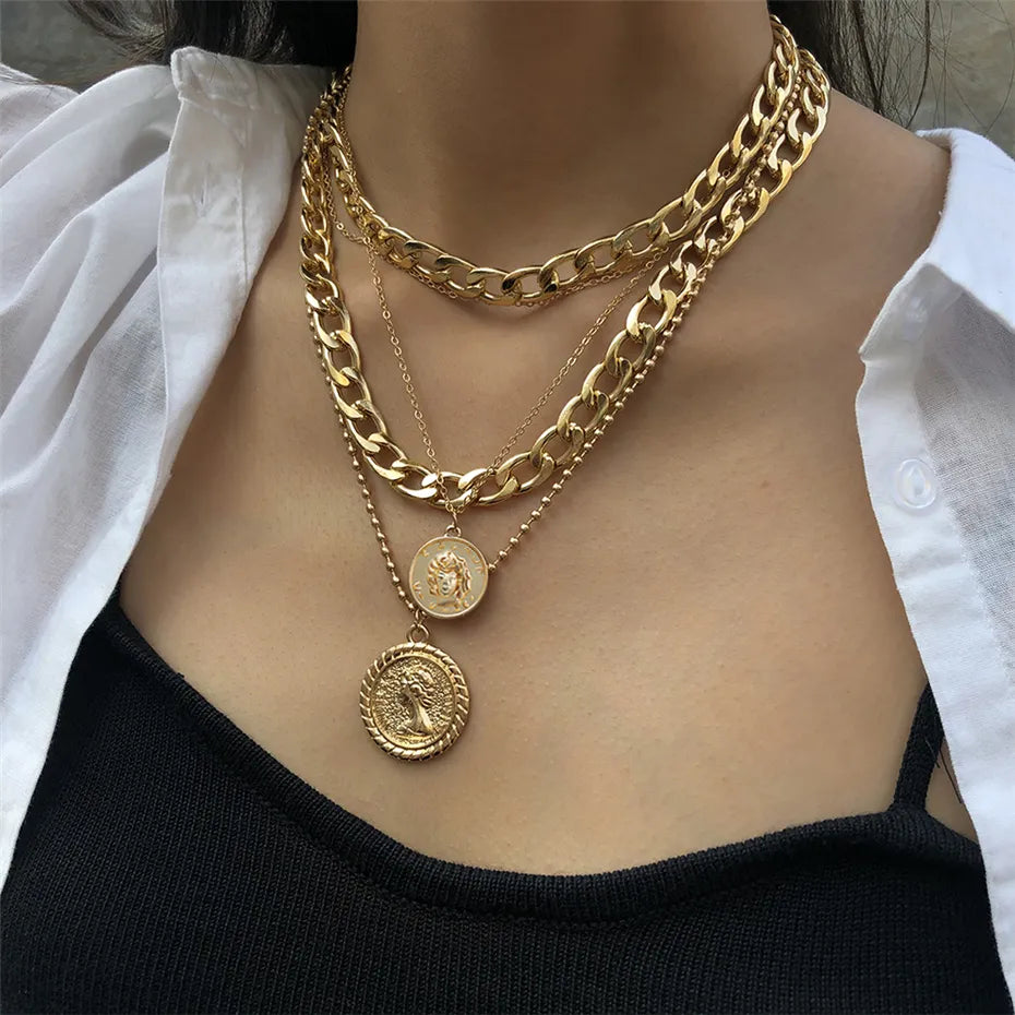 Gold-Tone Multi-Layer Chunky & Dainty Chain Necklace with Vintage Coin Pendants – Unisex Statement Jewelry