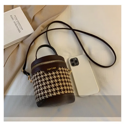 Women’s Small Bucket Crossbody Bag – PU Leather Houndstooth & Leopard Print Handbag, Trendy & Stylish