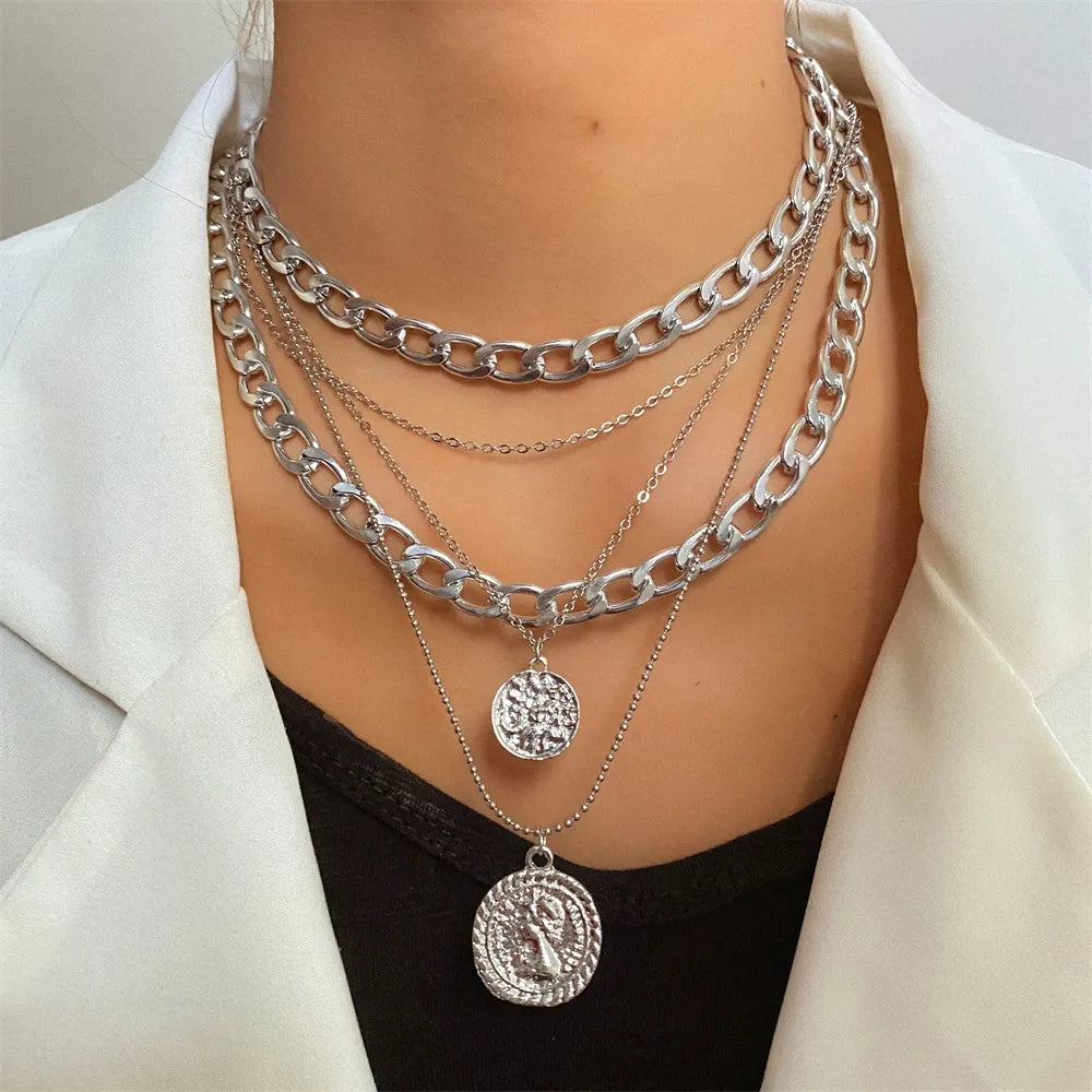 Gold-Tone Multi-Layer Chunky & Dainty Chain Necklace with Vintage Coin Pendants – Unisex Statement Jewelry