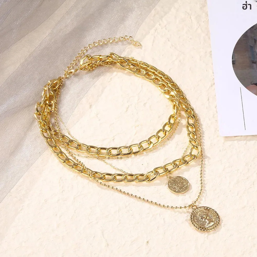Gold-Tone Multi-Layer Chunky & Dainty Chain Necklace with Vintage Coin Pendants – Unisex Statement Jewelry