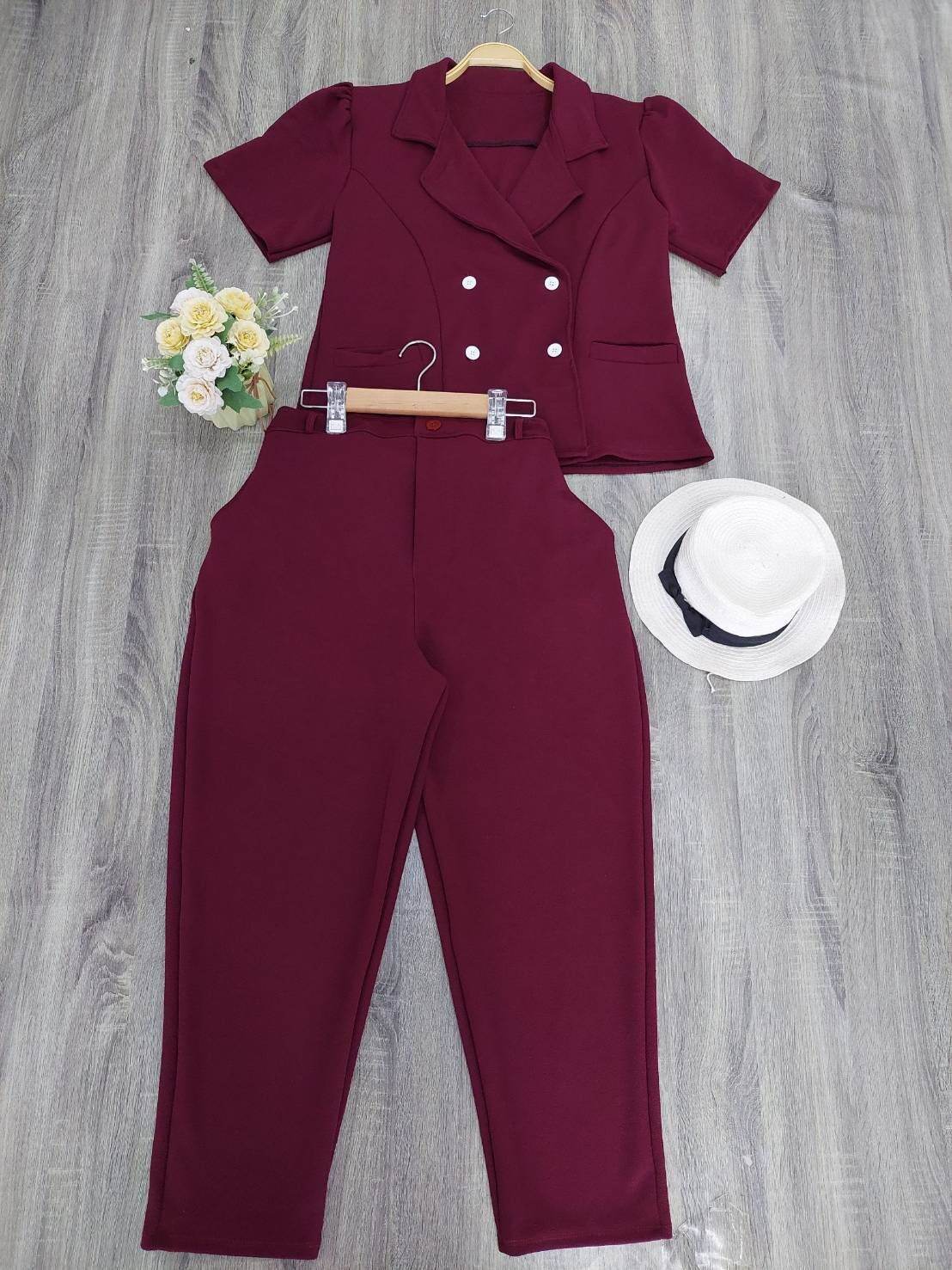 Plus Size Co-ord Set | 4-Button Blazer Top & Wool Pants | Elegant Two-Piece