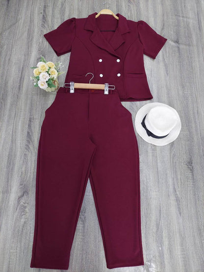 Plus Size Co-ord Set | 4-Button Blazer Top & Wool Pants | Elegant Two-Piece