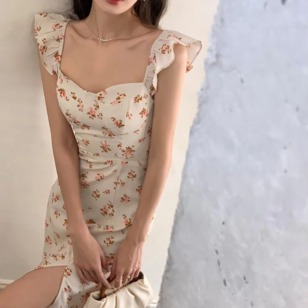 Cream Floral Ruffle Strap Maxi Dress with Side Slit
