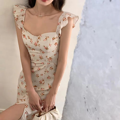 Cream Floral Ruffle Strap Maxi Dress with Side Slit