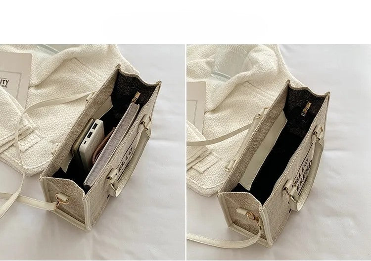 Women’s Canvas Shoulder Tote Bag – Stylish Letter Print, Large Capacity Travel & Student Bookbag