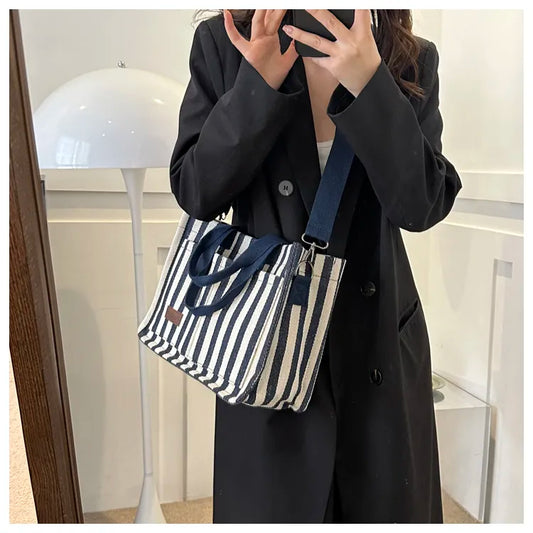 Women’s Striped Canvas Tote Bag – Large Capacity Shoulder & Crossbody Travel Handbag with Magnetic Closure