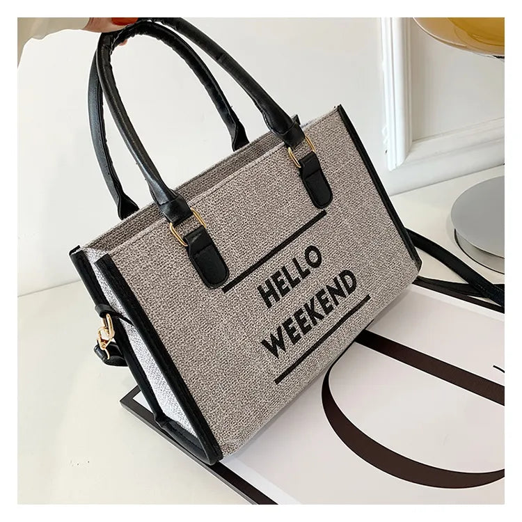 Women’s Canvas Shoulder Tote Bag – Stylish Letter Print, Large Capacity Travel & Student Bookbag