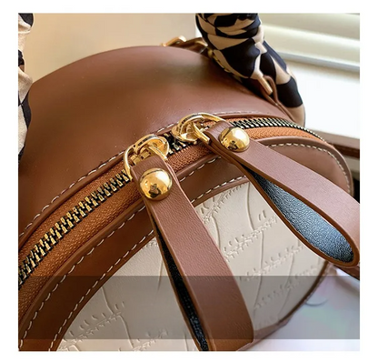 Small Round Crossbody Handbag – Check Pattern PU Leather, Zipper Closure