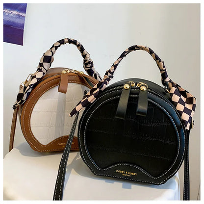 Small Round Crossbody Handbag – Check Pattern PU Leather, Zipper Closure