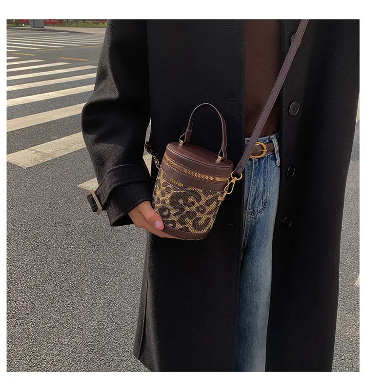 Women’s Small Bucket Crossbody Bag – PU Leather Houndstooth & Leopard Print Handbag, Trendy & Stylish