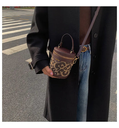Women’s Small Bucket Crossbody Bag – PU Leather Houndstooth & Leopard Print Handbag, Trendy & Stylish