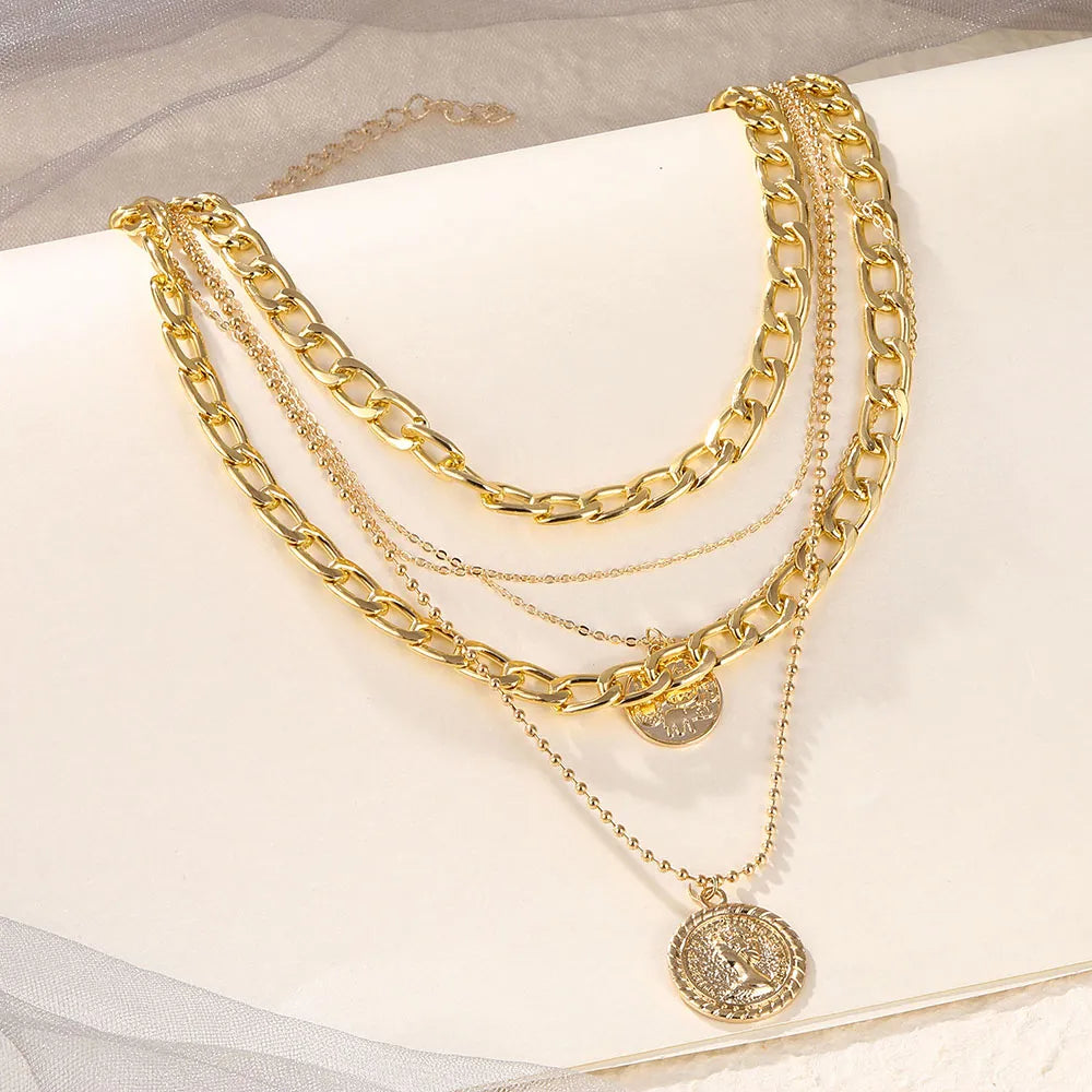 Gold-Tone Multi-Layer Chunky & Dainty Chain Necklace with Vintage Coin Pendants – Unisex Statement Jewelry