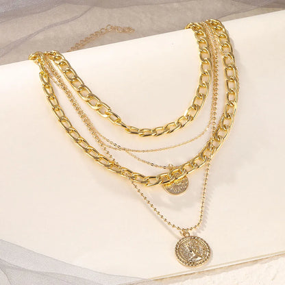 Gold-Tone Multi-Layer Chunky & Dainty Chain Necklace with Vintage Coin Pendants – Unisex Statement Jewelry