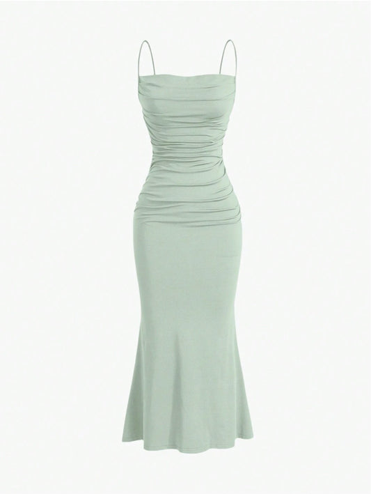 Elegant Pleated Mermaid Cami Maxi Dress – Ruched Backless Slip Dress for Evening & Parties