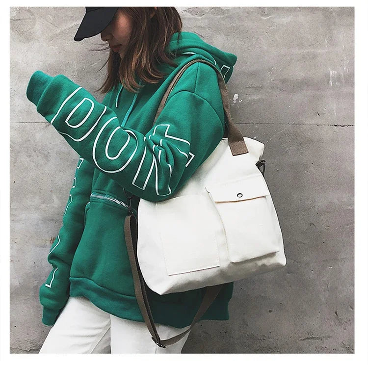 Canvas Shoulder Tote Bag – Solid Color Casual Satchel in Crossbody style