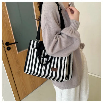 Women’s Striped Canvas Tote Bag – Large Capacity Shoulder & Crossbody Travel Handbag with Magnetic Closure