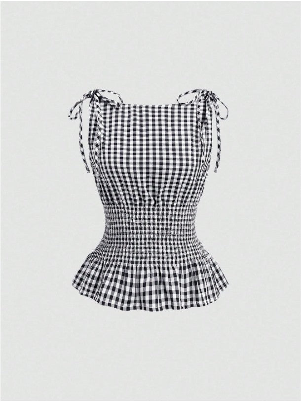 Women's Gingham Tie-Shoulder Slim Tank Top – Plaid Ruffle Hem Cami for Summer Commute & Casual Chic Looks