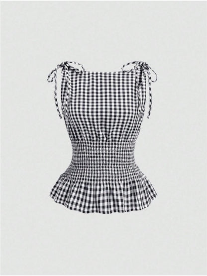 Women's Gingham Tie-Shoulder Slim Tank Top – Plaid Ruffle Hem Cami for Summer Commute & Casual Chic Looks